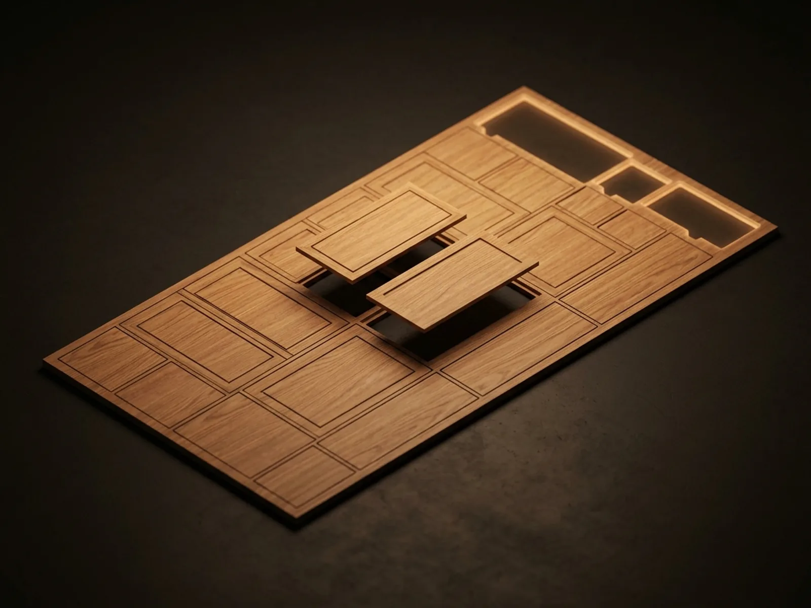 Isometric nesting layout of cabinet doors on a full sheet with the remaining offcut area highlighted