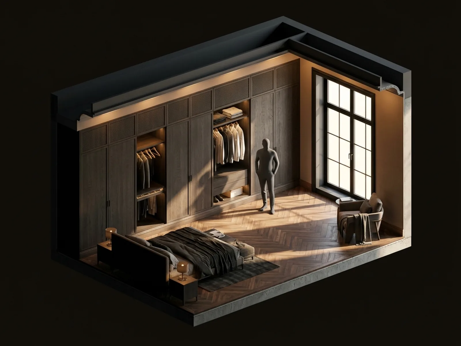 Fitted wardrobe run rendered inside a bedroom with daylight from a window and a scale figure beside it