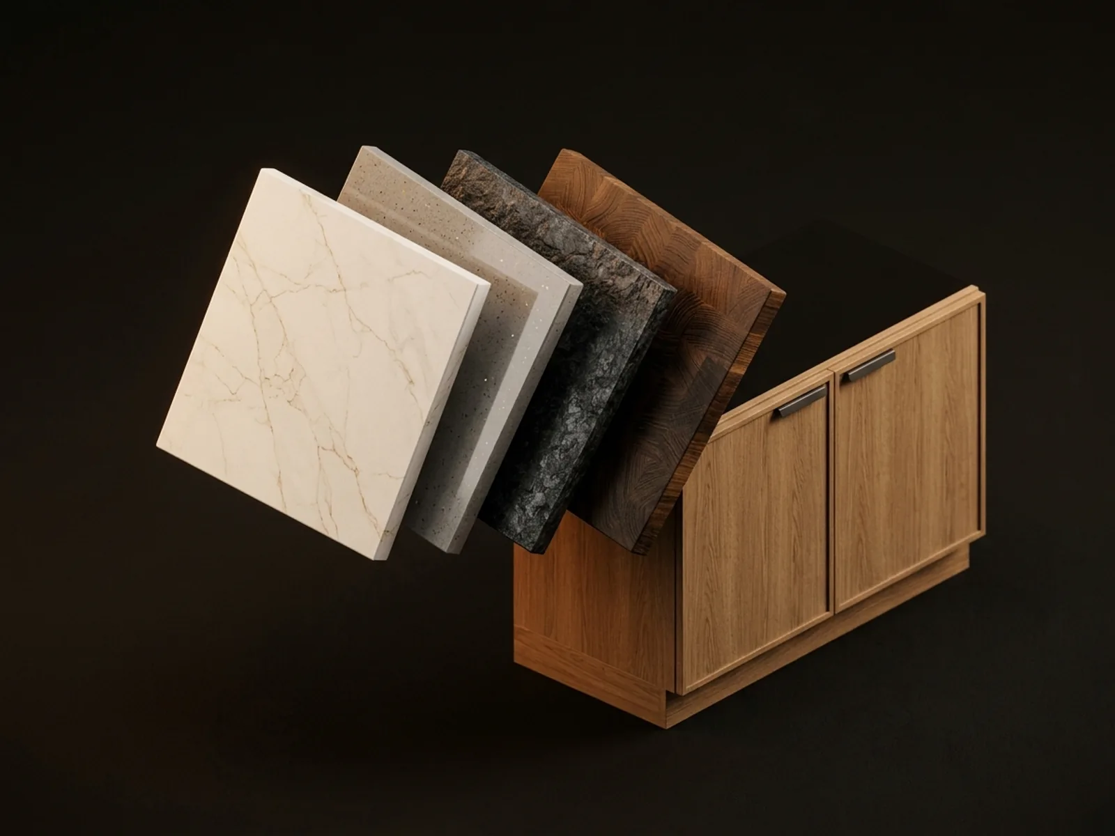 Isometric countertop samples in porcelain, quartz, granite and solid wood laid beside a cabinet run