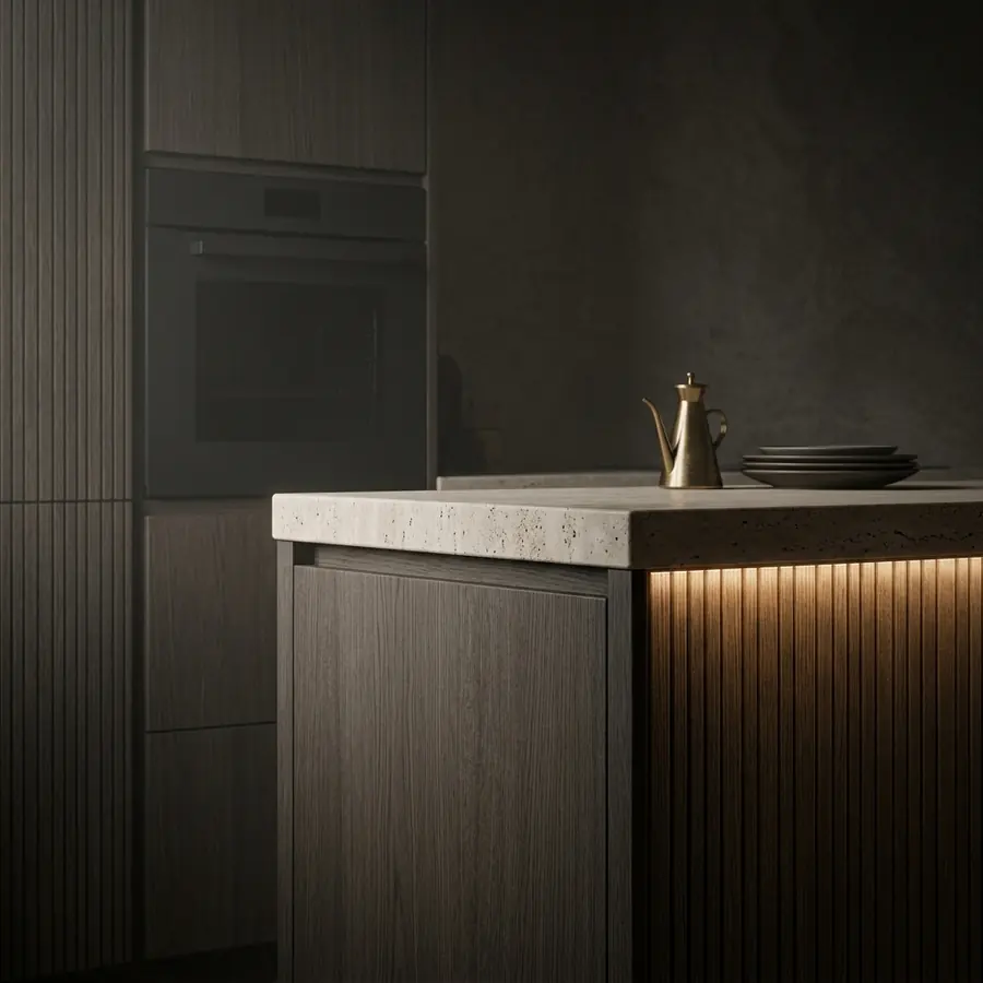 Fitted oak kitchen cabinetry with a honed travertine worktop edge