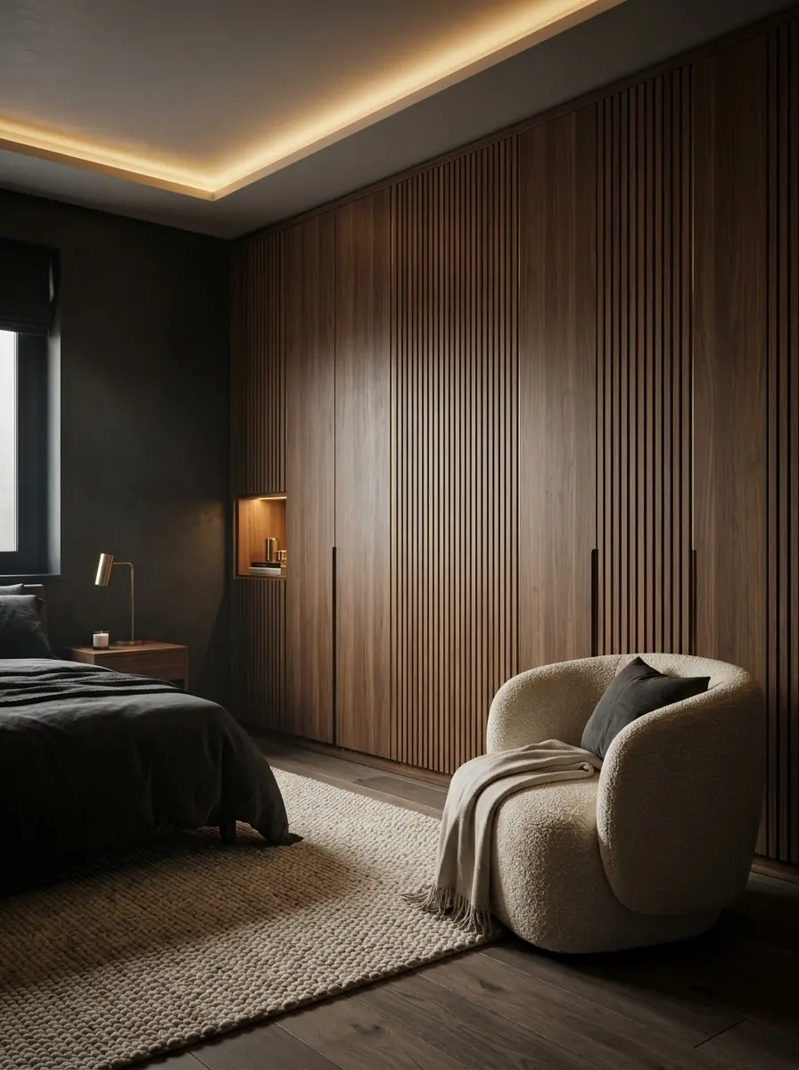 Fitted oak wardrobe run with vertical fluting in a warm master bedroom